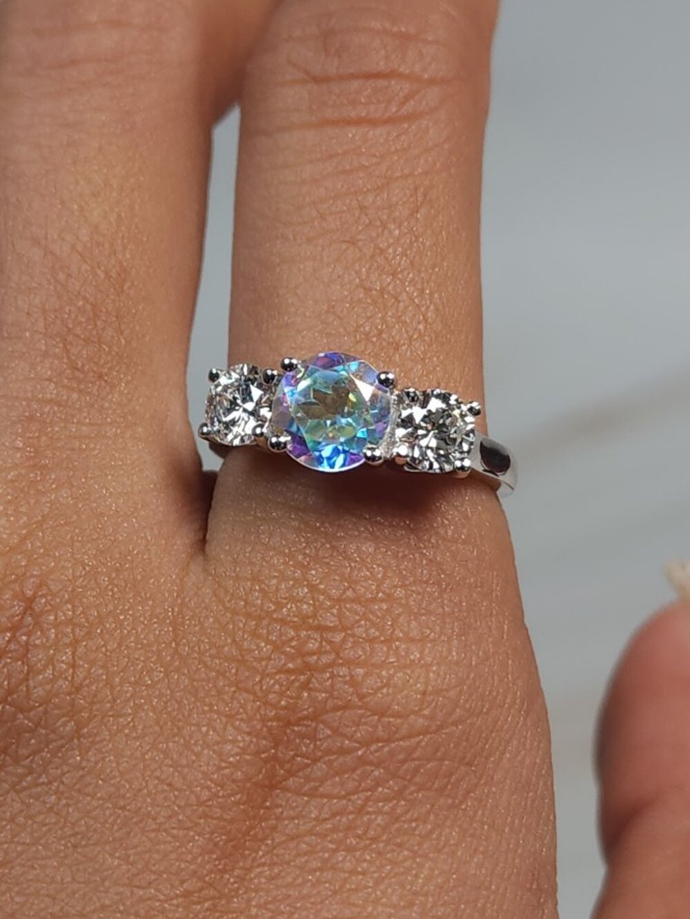 Mercury Mystic Topaz & 1Ct Lab Grown Diamond Round ring .925 Sterling Silver